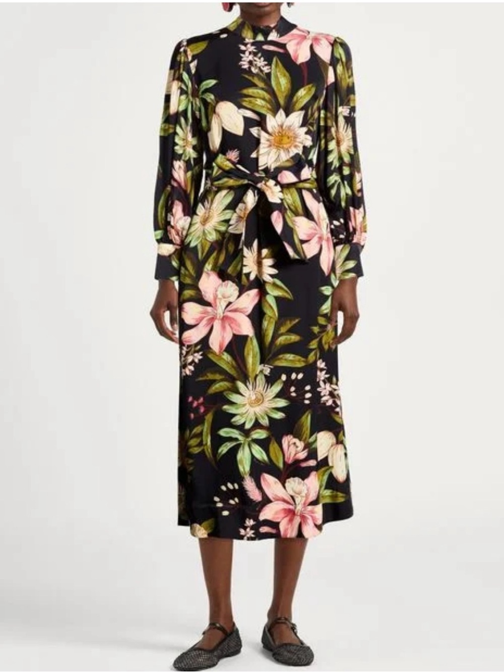 FARM Rio Black Floral Tie-Waist Midi Dress with Pink & Green Blooms
